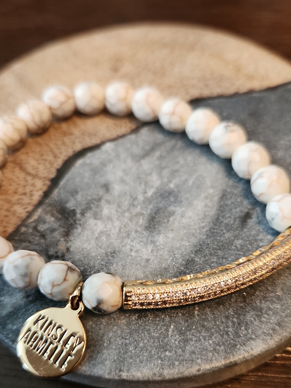 Kinsley Armelle White Howlite Bead Stretch Bracelet with Gold Pavé Bar